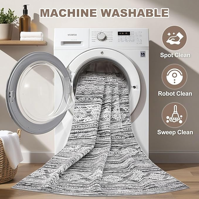 Nakagishi 8x10 Area Rugs Living Room: Washable Large Neutral Soft Rug Stain Resistant Non-Slip Carpet for Men Modern Home Enthusiasts Aged 25-45 - High Traffic Areas - Bedroom Office - Black White