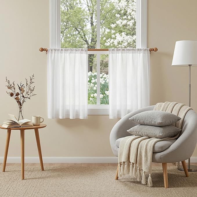 MYSKY HOME Semi Sheer White Curtains 36 Inches Long for Kitchen 2 Panels, Light Filtering Cream Tiers Curtains Rod Pocket Neutral Window Drapes for Bathroom/Cafe/Basement, Pure White, 34 x 36 Inch