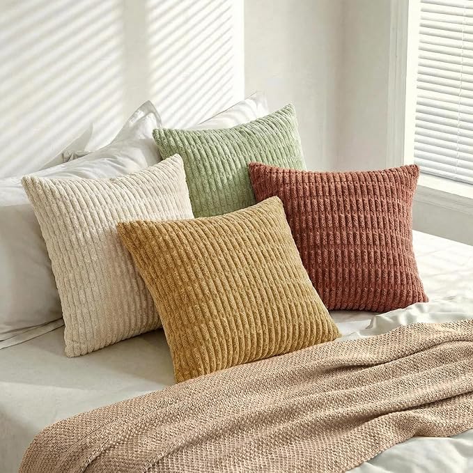 Fancy Homi 4 Packs Boho Fall Decorative Throw Pillow Covers 22x22 Inch for Living Room Couch Bed Sofa, Rustic Farmhouse Home Decor, Soft Plush Striped Corduroy Colorful Square Cushion Case 55x55 cm
