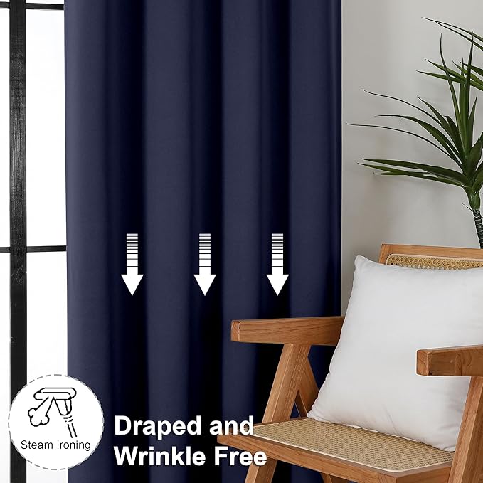 Simplebrand Ava Navy Blue Blackout Curtains for Patio 108 Inches Long 2 Panels Set, Solid Thermal Insulated Room Darkening Rod Pocket Window Treatment Curtains Blackout Drapes, W50 x L108