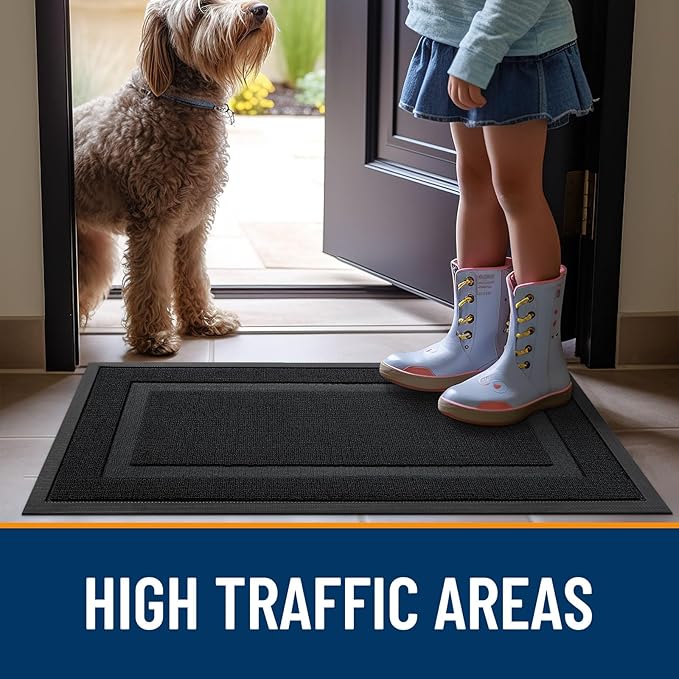 OLANLY Front Door Mat Indoor Outdoor Entrance, Waterproof All-Season, All-Weather Doormat, Sturdy Natural Rubber, Low Profile, Easy Clean Patio Porch Entryway Mat, 47x32, Jet Black
