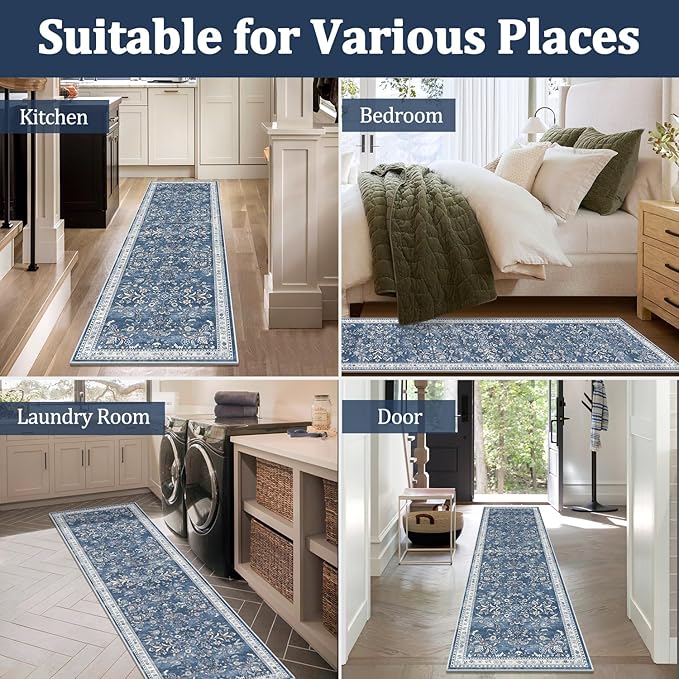 Yamaziot Washable Runner Rug 2x10 – Floral Non Slip Boho Hallway Runner Rug with Rubber Backing, Low Pile Faux Wool Distressed Carpet for Kitchen, Laundry, Bedroom, Entrance, Blue