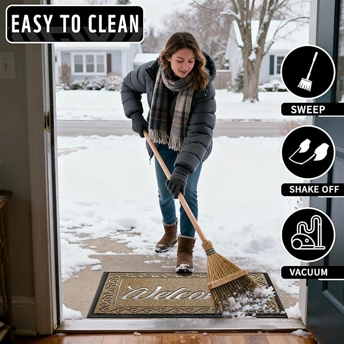 Yimobra Welcome Mat, Heavy Duty Sturdy Door Mats for Home Entrance Outdoor Indoor, Front Doormat for Outside Patio Floor Entry Porch Garage Office, Waterproof, Low Profile, 47X32 Inches, Beige Brown