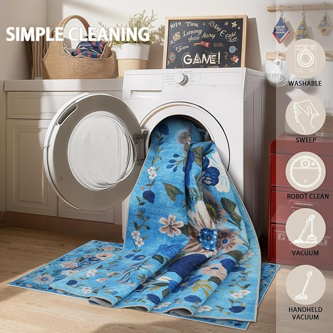 Area Rug 4x6 Rug Washable Boho Rugs Non Slip Low Pile Floral Small Carpet for Bedroom, Bedside, Kids Room, Office, Dining Room(Blue Garden, 4 x 6)