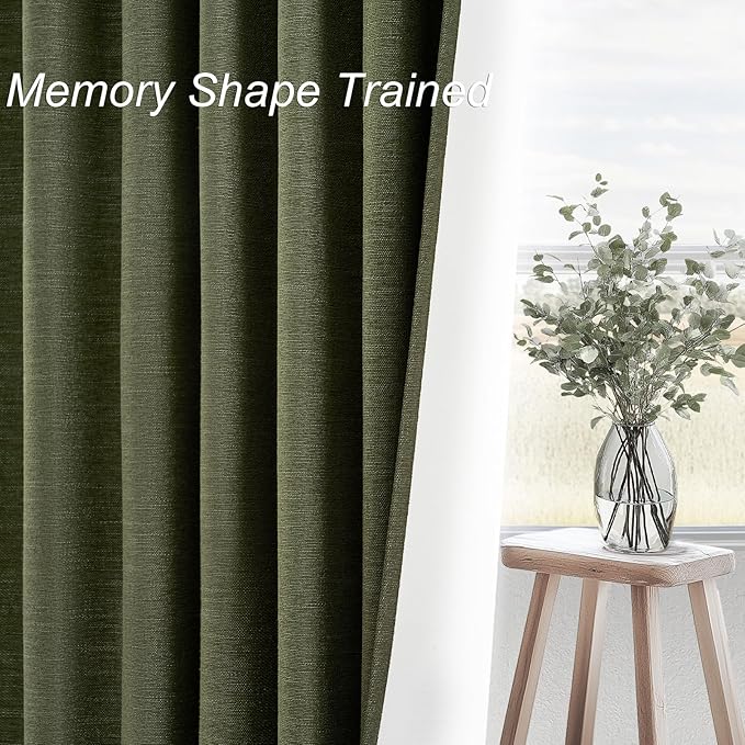 Topfinel Dark Green Curtains 86 Inches Long 2 Panels Set 100% Blackout Linen Curtains for Living Room Heat Preservation Vintage Drapes for Bedroom Back Tab Pleated (Olive,2Panels W52 xL86)