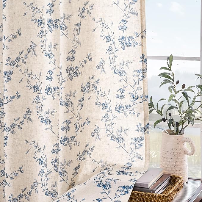 Lazzzy Linen Farmhouse Curtains Blue Floral Curtains 63 Inch Length Back Tab Drapes for Living Room Bedroom Light Filtering Country Vintage Rod Pocket Curtain, 2 Panels, Blue on Beige