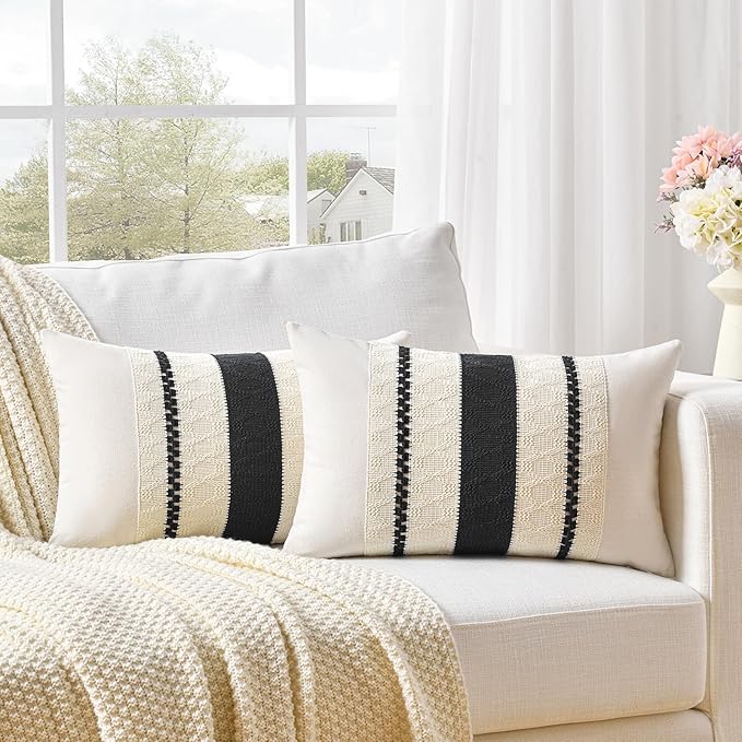 Fancy Homi Set of 1 Boho Black Lumbar Decorative Throw Pillow Cover 12x20 Inch for Couch Bed Sofa Chair, Modern Organic Farmhouse Home Decor, Soft Cotton Cute Accent Rectangle Cushion Case