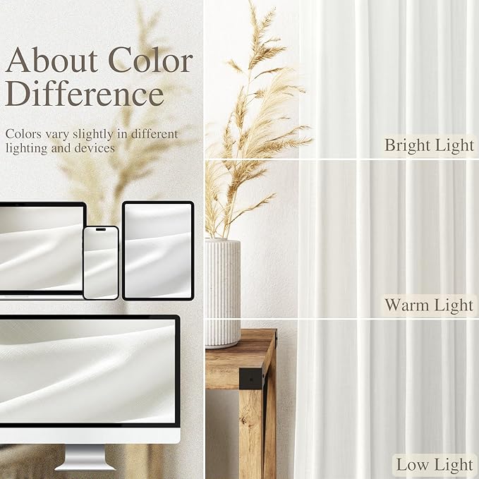 Semi Sheer Linen Curtains 90 Inches Long for Living Room 2 Panels Set Back Tab Pocket Ivory White Tall Vertical Curtains Luxury Light Filter Privacy Curtain Drapes for Bedroom Aesthetic 52X90