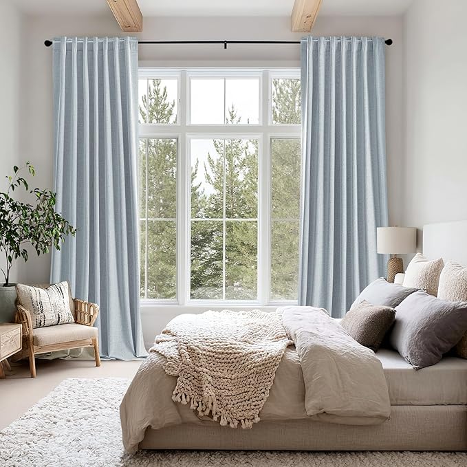 MIULEE 100% Blackout Linen Curtains for Bedroom, Chambray Blue Solid Luxury Decor Thermal Insulation Room Darkening Drapes for Living Room Nursery Back Tab Rod Pocket 42 x 63 Inches, 2 Panels