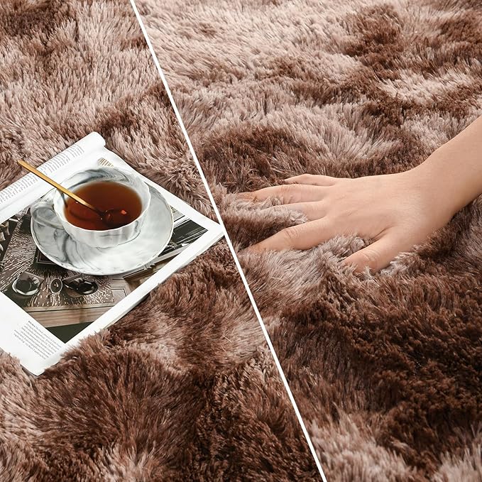 Deerhoo Large Shag Area Rugs 6 x 9, Tie-Dyed Plush Fuzzy Rugs for Living Room, Ultra Soft Fluffy Furry Rug for Bedroom, Indoor Carpet Nursery Rugs for Kids Room Home Decor, Coffee