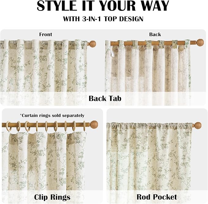 Lazzzy Floral Linen Curtains Farmhouse Extra Long Curtain for Living Room Bedroom Light Filtering Vintage Rod Pocket Back Tab Drapes for Home, 2 Panels, Green on Beige, W38 X L108