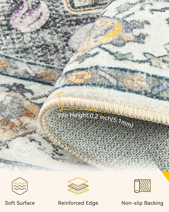 Area Rugs 4ft Washable Non-Slip, Floral Vintage Distress Print Pattern Medallion Carpet for Living Room Bedroom Dining Room, Light Yellow Carbon Grey Orange