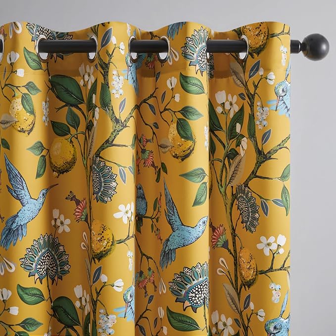 Topfinel 80 Inches Long Custom Mustard Yellow Luxury Curtains for Living Room Bedroom, Blackout Vintage Victorian Curtains Floral Lemon Hummingbird Printed Grommet Drape 80 Inch Length