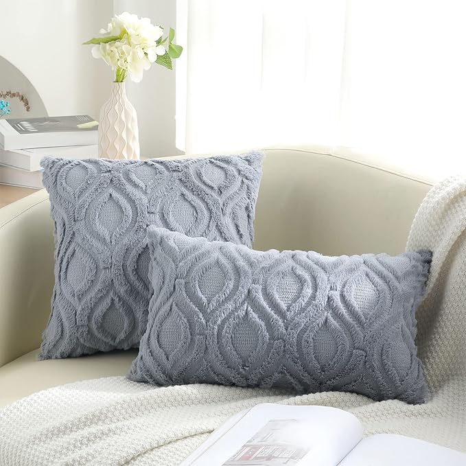 decorUhome Throw Pillow Covers 16x16 Inch Set of 2, Soft Plush Faux Wool Blue Grey Solid Couch Pillow Covers, Accent Farmhouse Neutral Square Pillow Cases for Sofa Bed Living Room
