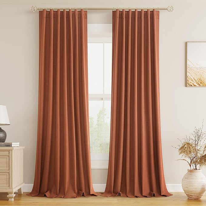 Guken Terracotta 100% Blackout Curtains 84 Inch Length 2 Panels Set Fall Curtains for Living Room Bedroom Back Tab Thermal Insulated Black Out Linen Drapes，52x84