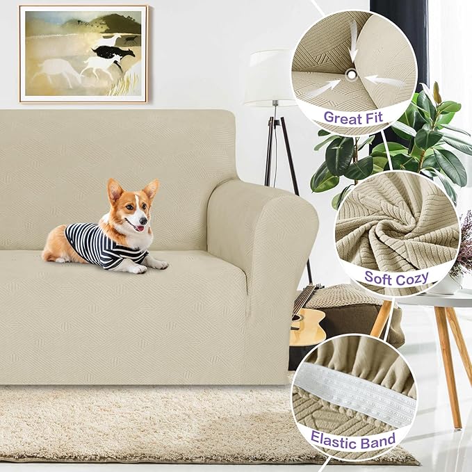 ZNSAYOTX Oversized Super Stretch Couch Cover (92"-115"), New Striped Sofa Covers Comfortable & Durable, Dog Cat Pets Friendly Extra Large Spandex Sofa Slipcovers (Khaki, XL Sofa)