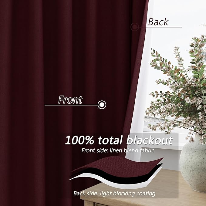 Guken 100% Blackout Curtains 63 Inch Length 2 Panels Set for Living Room Bedroom Back Tab Thermal Insulated Black Out Linen Drapes Room Darkening Window Curtains 63 Inches Long,Burgundy