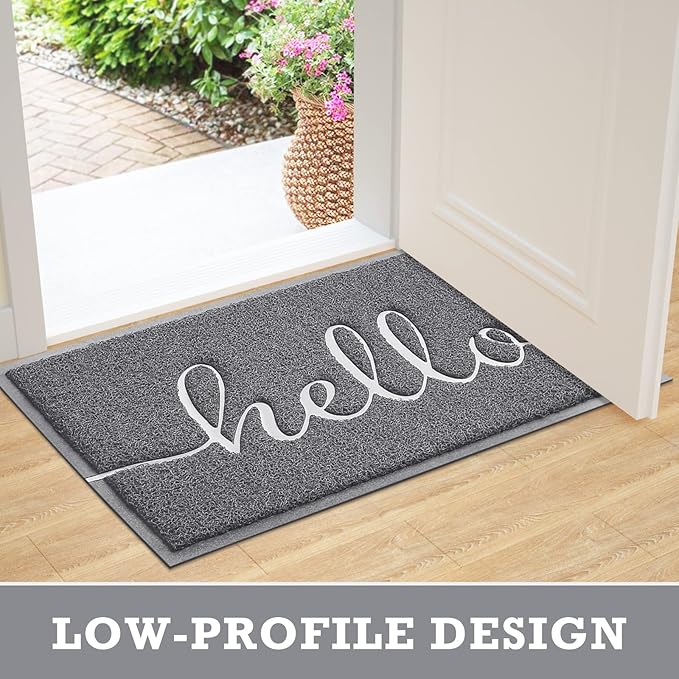 CozyBounty Door Mat Hello Mats Outdoor Indoor Non-Slip Doormat for Entryway Low-Profile Floor Mat for Yard, Garage, High Traffic Areas (30"x17.5", Grey)