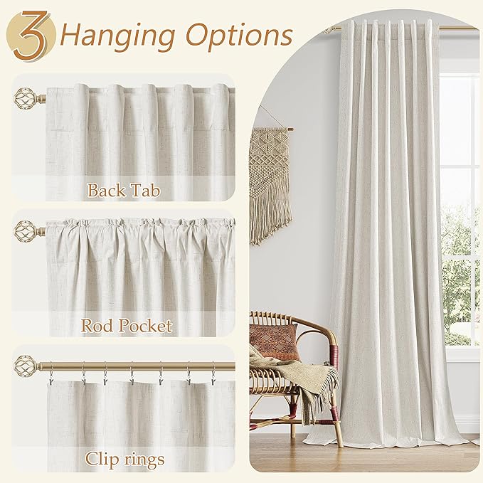 Guken Boho 100% Blackout Linen Curtains 84 Inch Long 2 Panels Set for Living Room Bedroom Black Out Curtain with Back Tab Room Darkening Winter Thermal Insulated Window Drape, 52x84