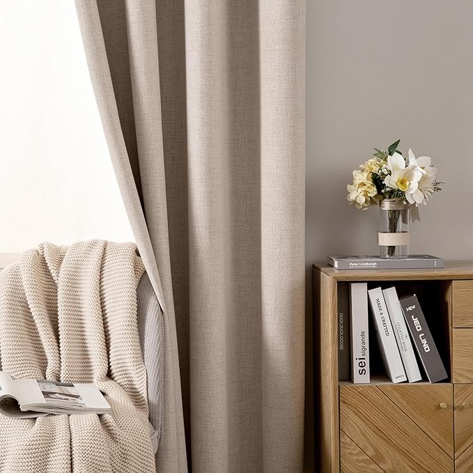 MIULEE 100% Blackout Linen Textured Curtains for Bedroom Solid Thermal Insulated Natural Beige Grommet Room Darkening Curtains & Drapes Luxury Decor for Living Room Nursery 52 x 78 Inch (2 Panels)