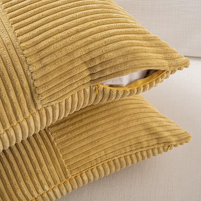 Fancy Homi 2 Packs Mustard Yellow Euro Decorative Throw Pillow Covers 28x28 Inch for Couch Bed, Farmhouse Boho Home Decor, Soft Corss Corduroy Patchwork Textured Square Cushion Case 71x71 cm