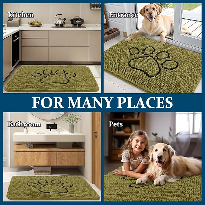 OLANLY Dog Door Mat for Muddy Paws 36x24, Paw Print Design, Absorbs Moisture and Dirt, Non-Slip Washable Doormat, Quick Dry Chenille Mud Mat for Dogs, Entry Indoor Entryway Carpet, Willow Green