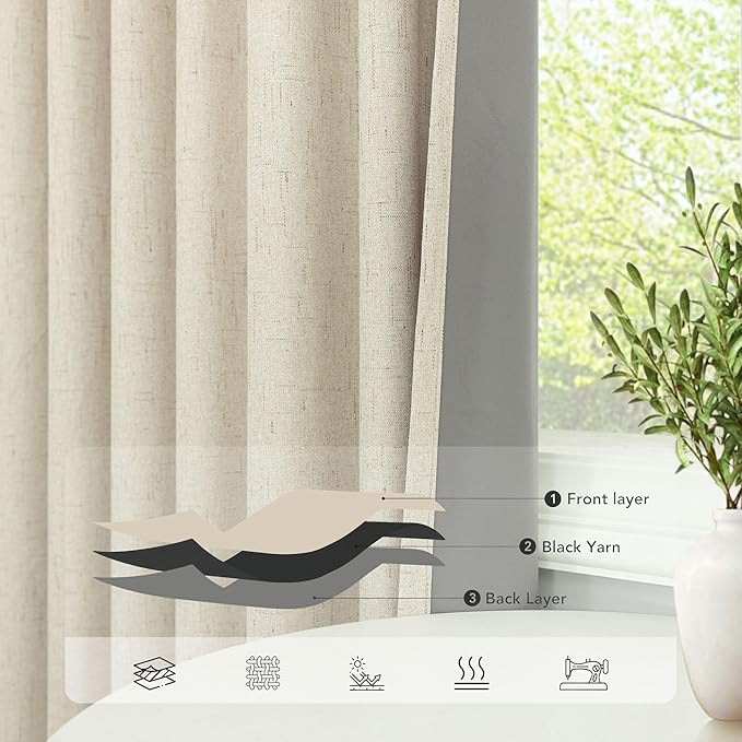 Linen Textured Boho 100% Blackout Small Window Curtains 45 inch Length 2 Panels Country Curtain for Kitchen Door Bathroom Bedroom Living Room Darkening Short Cafe Drape Back Tab Rustic Farmhouse Beige