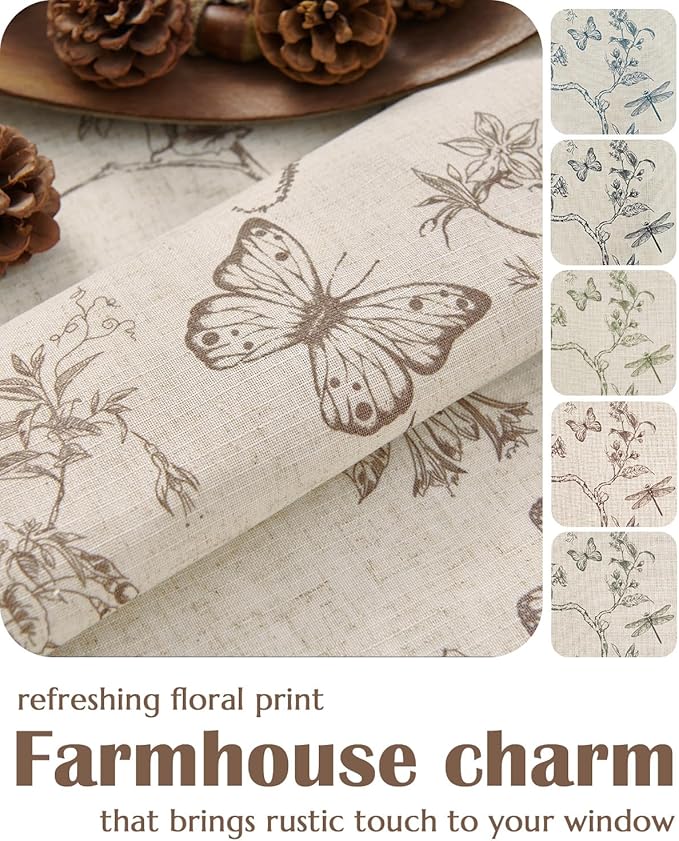 jinchan Floral Linen Curtains for Living Room 96 Inch Length Butterfly Curtain Taupe Floral Curtains French Country Farmhouse Curtain Flower Patterned Drapes Window Treatment Set 2 Panels