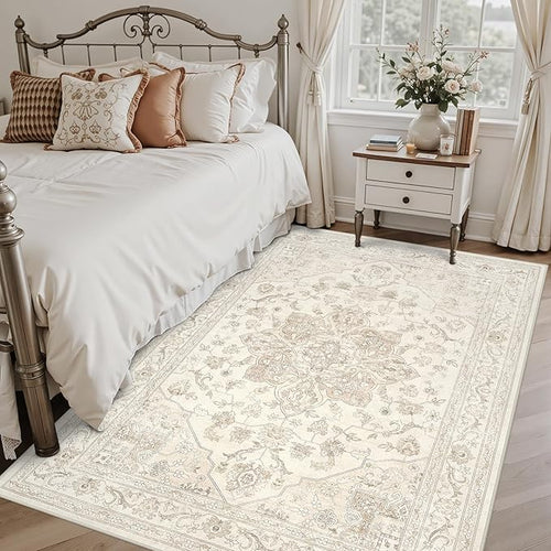 5x7 Area Rugs for Living Room: Vintage Boho Neutral Washable Rug Indoor Soft Large Area Rug Carpet for Bedroom Nursery Farmhouse Dining Room Office Floor Non-Slip Low Pile Under Table Rug Beige White