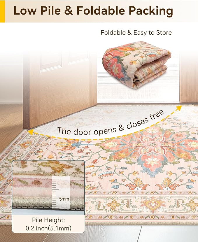 Area Rugs 3'x5' Washable Non-Slip, Floral Vintage Distress Print Pattern Medallion Carpet for Living Room Bedroom Dining Room, Light Pink Colorful