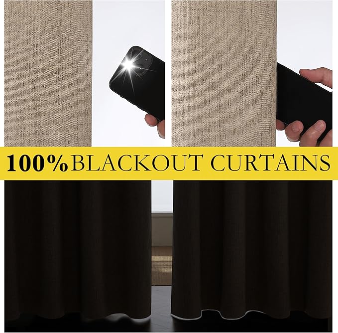NICETOWN Burlap Vintage Open Linen Weave Flax Thermal Curtains, 100% Blackout Curtains 48" Long for Dining Room, Soundproof Window Treatment Drapes for Hall Room, 52" Wide Per Panel, Set of 2