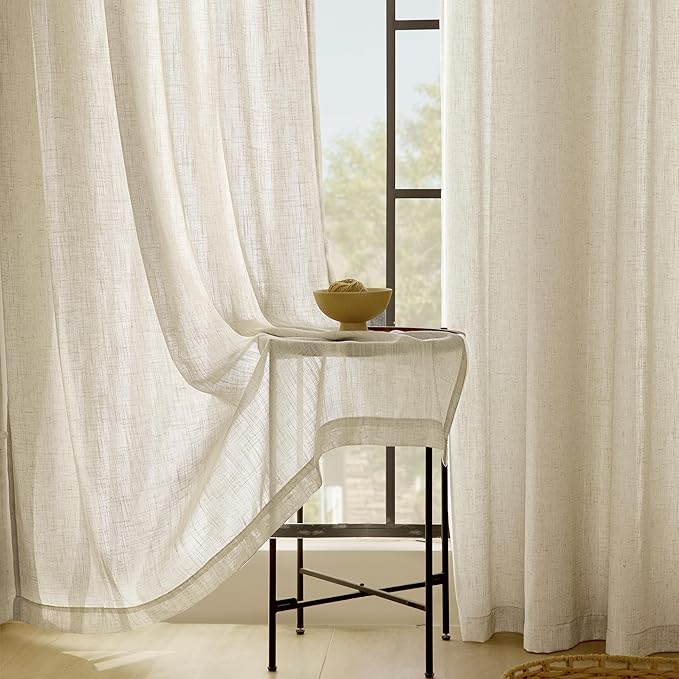 Faux Linen Beige Curtains 144 inches Long for Living Room Rustic Farmhouse Linen Drapes Semi Sheer Burlap Textured Canvas Cloth Curtain Panels Set of 2 Kahki Tan Colored