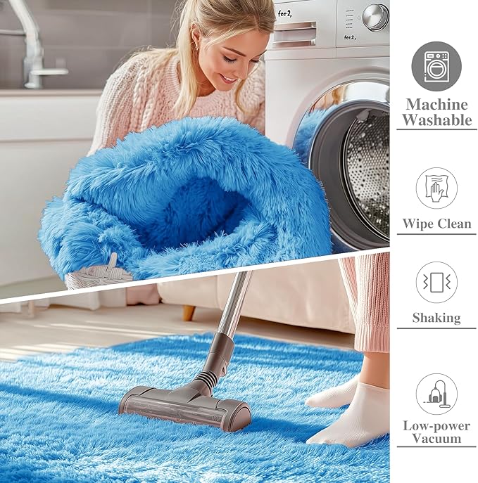 OLANLY 2x5 Machine Washable Runner Rugs for Hallway, Soft Fluffy Shaggy Bedside Rugs for Bedroom, Living Room, Indoor Floor Carpet for Kids Girls and Boys, Home Decor Aesthetic, Bright Blue