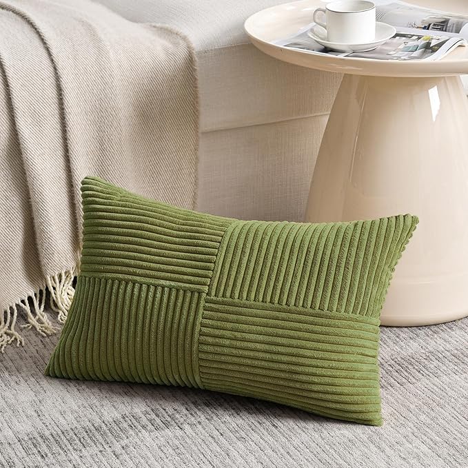 Fancy Homi 2 Packs Moss Green Lumbar Decorative Throw Pillow Covers 16x28 Inch for Living Room Couch Bed, Rustic Farmhouse Boho Home Decor, Soft Striped Corduroy Rectangle Accent Cushion Case 40x70 cm