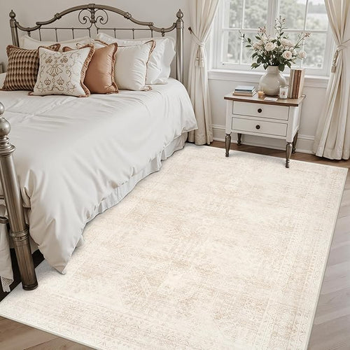 5x7 Area Rugs for Living Room: Vintage Boho Neutral Washable Rug Indoor Soft Large Area Rug Carpet for Bedroom Nursery Farmhouse Dining Room Office Floor Non-Slip Low Pile Under Table Rug Beige