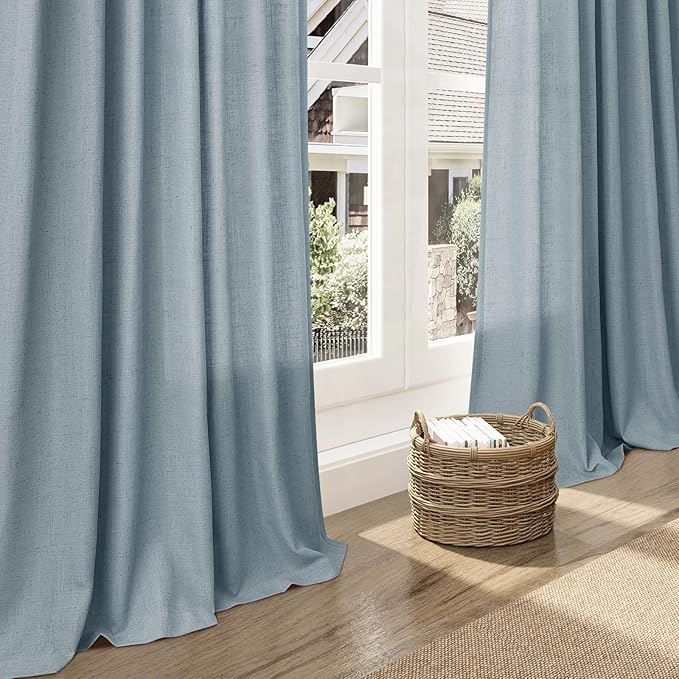 Nanspring Light Blue Linen Curtains Semi Sheer 96 Inches Long 2 Panels Set for Living Room Back Tab Rod Pocket Light Filtering Drape for Bedroom Modern Farmhouse Coastal Decor Protect Privacy 52x96.