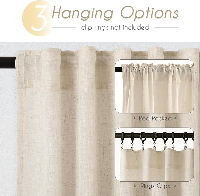 Apricot Linen Curtain 84 inch Length 2 Panels Set Back Tab Light Filtering Living Room Curtain Drapes Home Office Modern Minimalist Decor Farmhouse Boho Neutral Cream Semi Sheer Curtain 84 inch Long