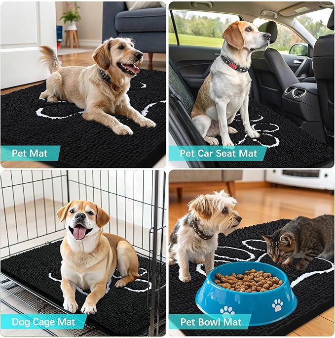 OLANLY Dog Door Mat for Muddy Paws 35x24, Paw Print Design, Absorbs Moisture and Dirt, Absorbent Non-Slip Washable Doormat, Quick Dry Chenille Mud Mat for Dogs, Entry Indoor Entryway Carpet, Black