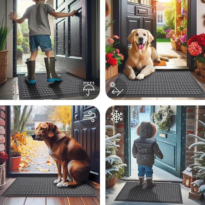 Smiry Front Door Mat Outside Entrance, Heavy Duty Natural Rubber Doormat, Non Slip, Trap Dirt and Moisture, Easy Clean, Low Profile Welcome Floor Mats for Indoor Outdoor Entry, 47x32 Inch, Grey