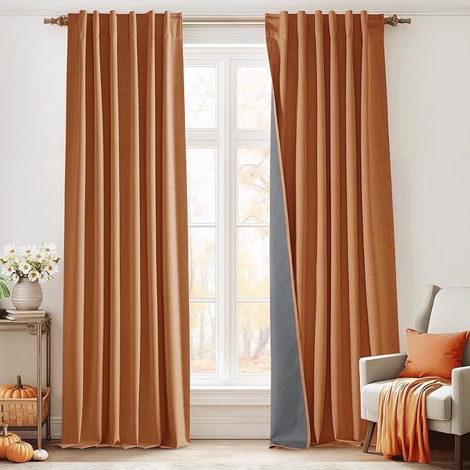 RYB HOME Burnt Orange Total Blackout Curtains Linen Texture, Fall Curtains for Bedroom/Living Room/Sliding Door, Thermal Insulated Boho Farmhouse Home Decor, Luxury Privacy Drapes, W52xL96, 2 Panels