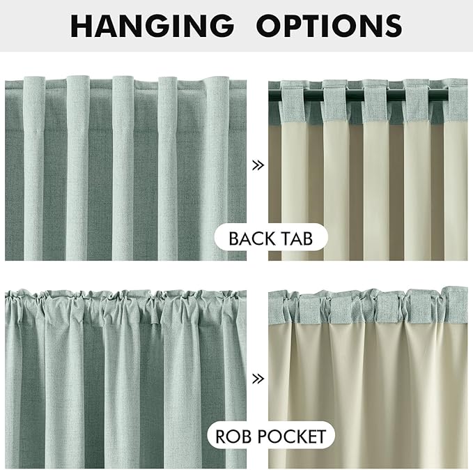 MIULEE 100% Blackout Linen Curtains for Bedroom, Seafoam Green Solid Luxury Decor Thermal Insulation Room Darkening Drapes for Living Room Nursery Back Tab Rod Pocket 42 x 96 Inches, 2 Panels