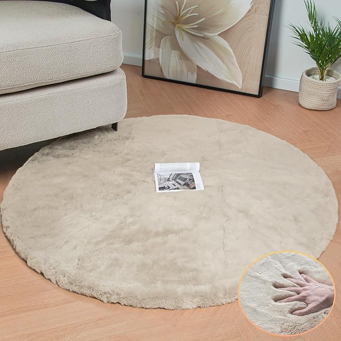 ORINOVA Camel Washable Shag Area Rugs for Living Room Small Plush Faux Bunny Shaggy Fur Round Rugs 4ft Cute Room Nursery Rug
