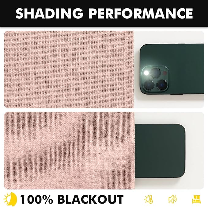 MIULEE 100% Blackout Linen Curtains for Bedroom, Blush Pink Solid Luxury Decor Thermal Insulation Room Darkening Drapes for Living Room Nursery Back Tab Rod Pocket 42 x 96 Inches, 2 Panels