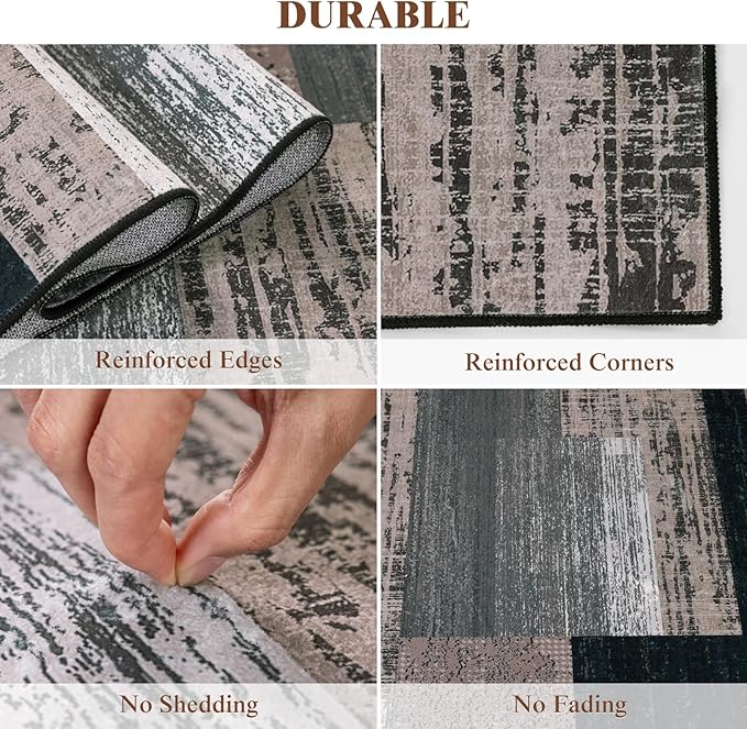 LIANLAM 6x9 Washable Area Rugs for Living Room and Bedroom, Vintage Checkered Pattern Non-Slip Carpet, Stain Resistant Low Pile Soft Rug for Dining Room,Office,Nursery,Kids Room(6x9,Gray)