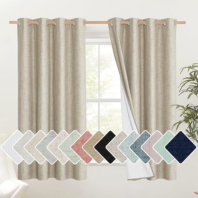 NICETOWN Taupe 100% Blackout Linen Curtains 63 inch Long Burg, Farmhouse Thick Completely Blackout Window Treatment Panels Thermal Insulated Drapes for Living Room (1 Pair, 52" Width Each Panel)