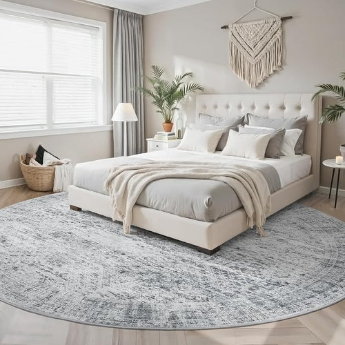 8x8 Grey Round Rug 8ft Living Room Circle Rug Vintage Round Area Rug Non Slip Indoor Carpet for Apartment