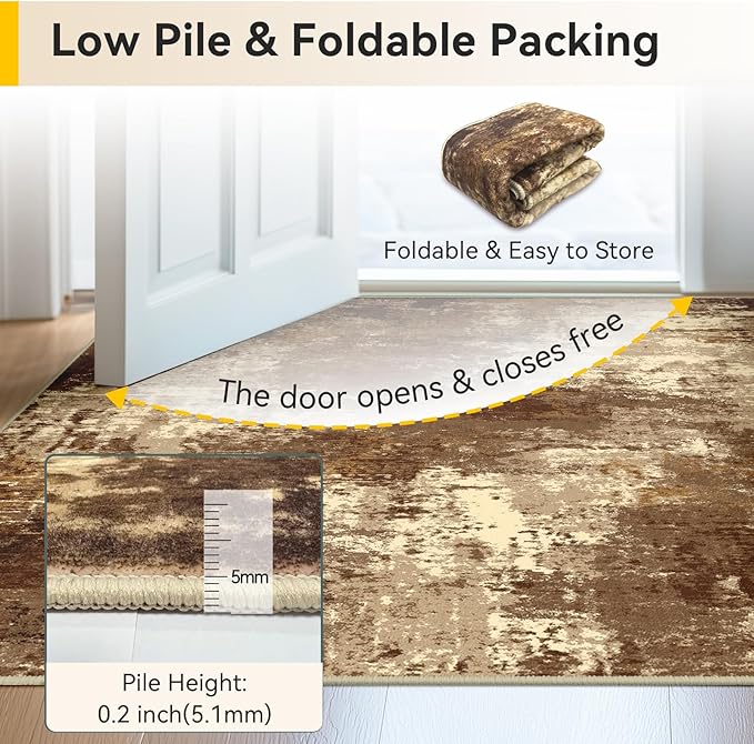 Washable Area Rugs 4'x6' Non-Slip Modern Abstract Soft for Living Room Entryway Bedroom Nursery, Print Pattern, Brown Tan Beige Coffee