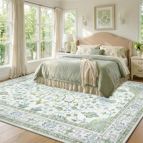 Area Rugs 8'x10' Washable Non-Slip, Floral Vintage Distress Print Pattern Medallion Carpet for Living Room Bedroom Dining Room, Green White Blue