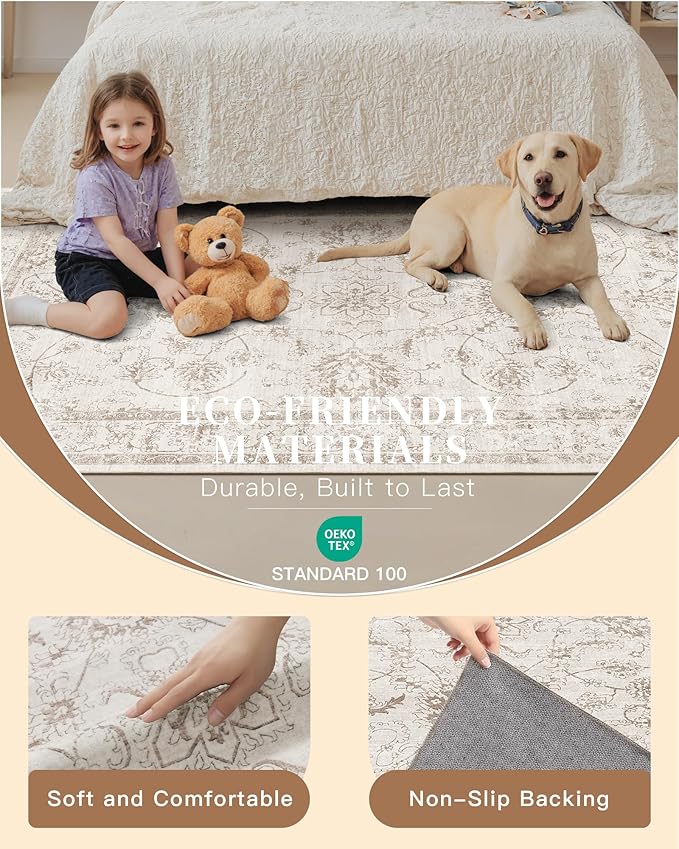 Madane Living Room 10x14 Area Rugs,Washable Low Pile Non-Slip Stain Resistant Extra Large Thin Rug, Vintage Soft Throw Carpet for Dining Room Bedroom Farmhouse Home Office Decor (10 x 14, Brown/Ivory)