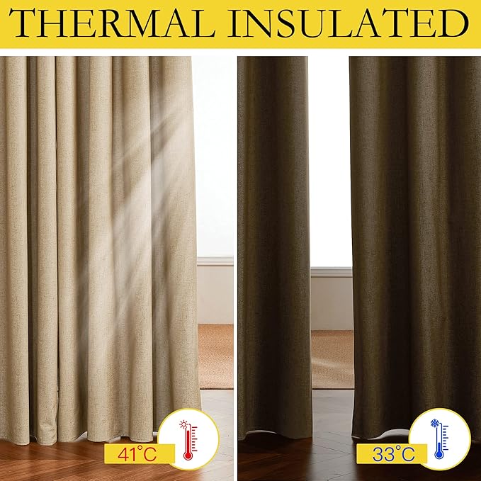 NICETOWN 100% Absolutely Blackout Linen Curtains with Thermal Insulated White Liner, Camel, 42" Wide by 54" Long, 2 Pieces, Linen Blend Window Drapes Privacy Window Treatments for Bedroom/Kids Room